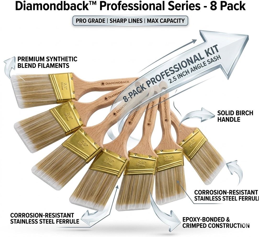 Diamondback Professional 2.5″ Angle Sash Brush – 8-Pack Bulk Set