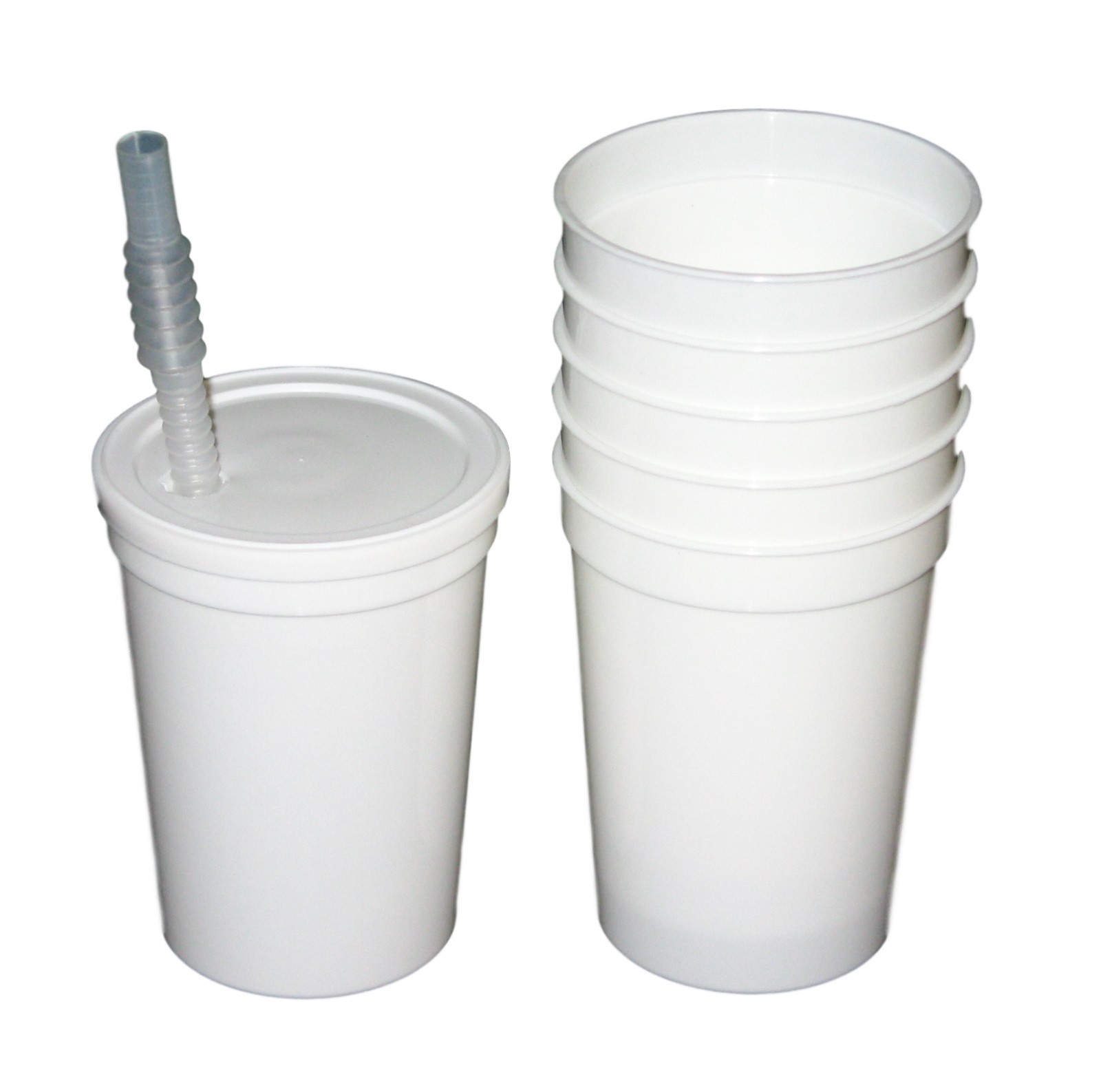 12-12 Oz White Plastic Drinking Glasses/ Cups Lids Straws Mfg.USA Lead Free