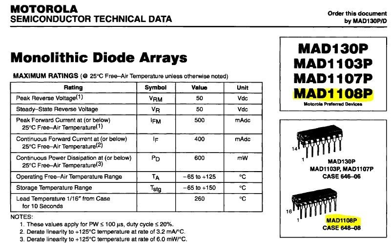 Motorola - MAD1108P - IC. Diode Array, 8 Element Encapsulated Monolithic, New