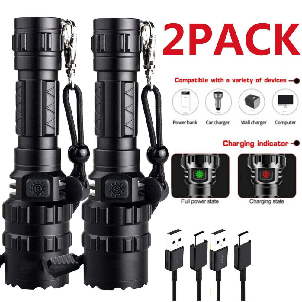 2Pack Super-Bright Flashlight LED Tactical Torch LED Rechargeble Battery 99000LM
