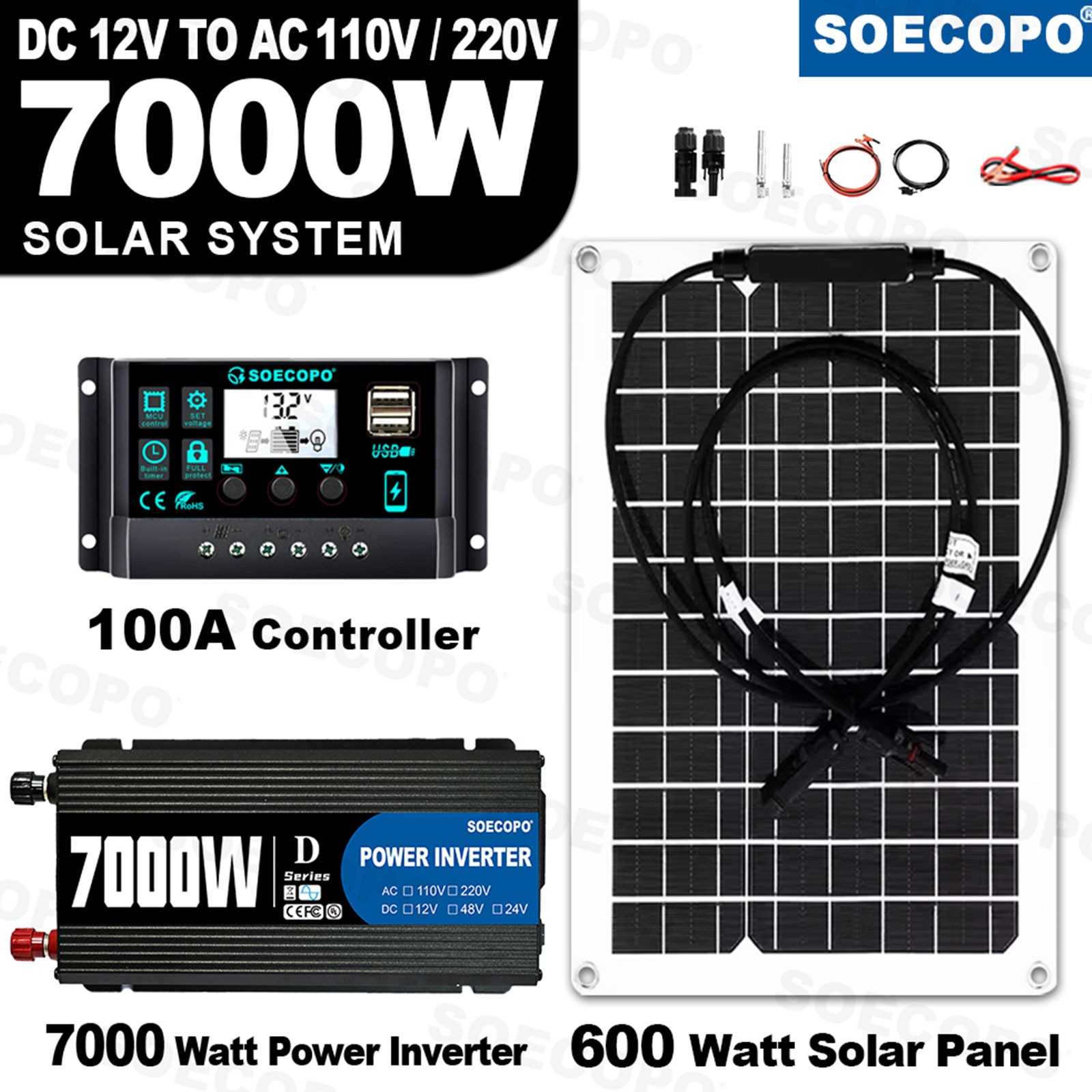 7000W Peak Solar System Kit Flexible Panel 100A Controller 12V To 110V 220V