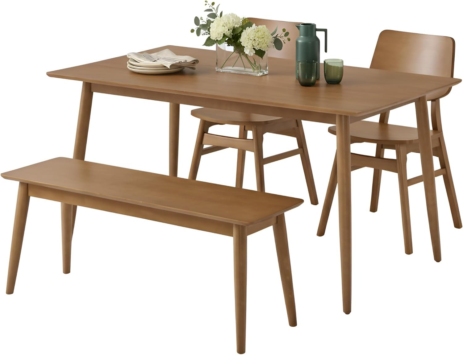 Calais Dining – 4 Piece Dining Table Set for 4 with Chairs and Bench – Mid Centu
