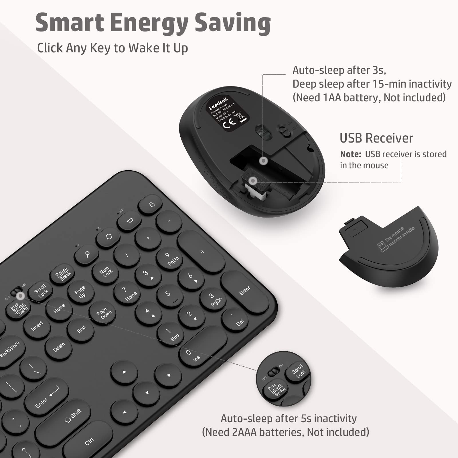 LeadsaiL Wireless Keyboard and Mouse, Full-Sized Ergonomic Computer Keyboard ...