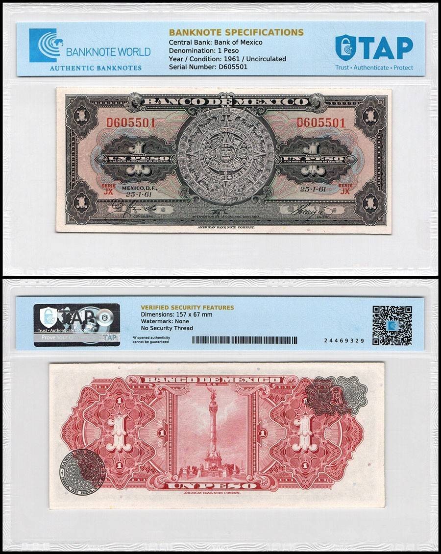Mexico 1 Peso, 1961, P-59g.2, UNC, Series JX, TAP Authenticated