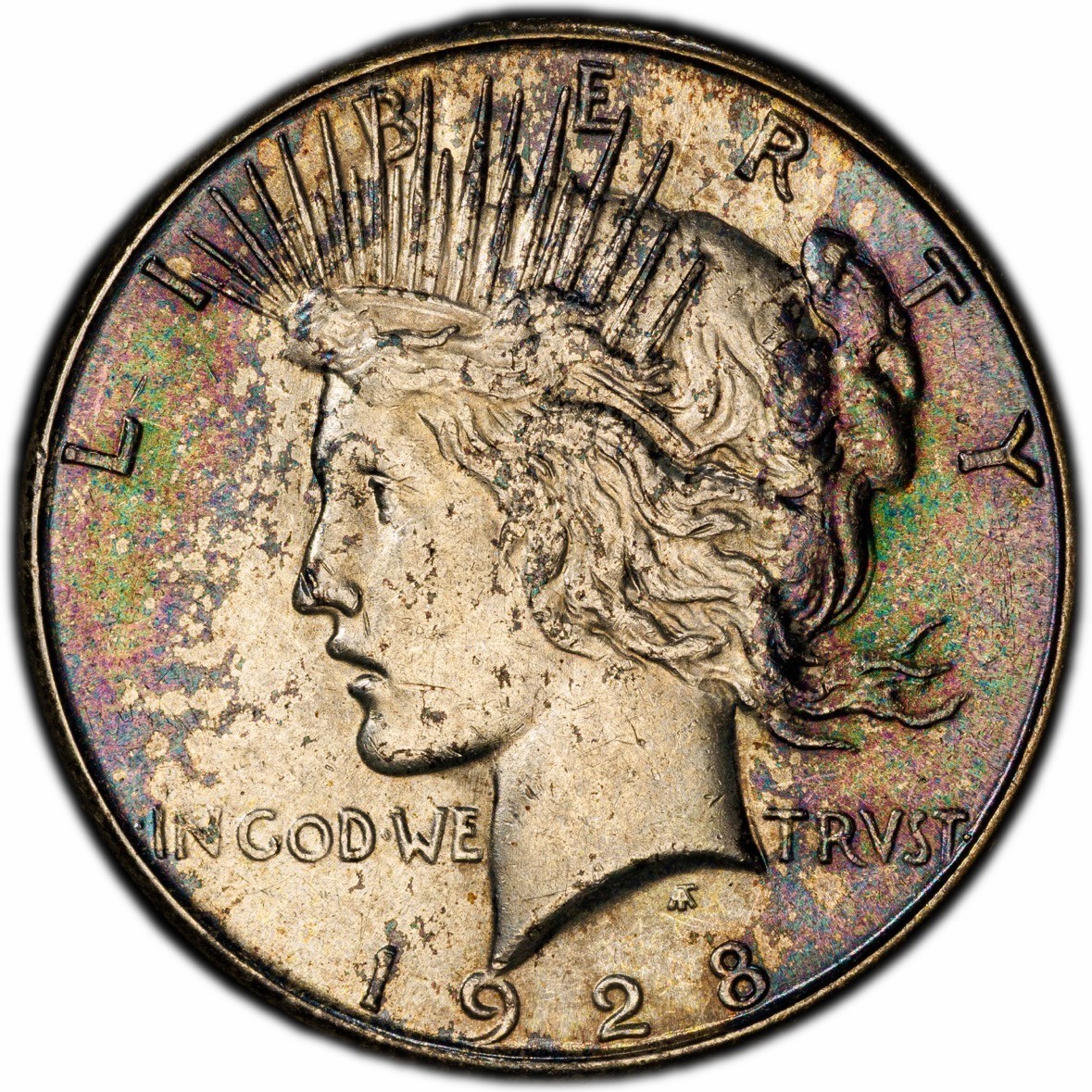 MS62 1928-S $1 Peace Silver Dollar, PCGS Trueview- Rainbow Toned, Semi Key Date!