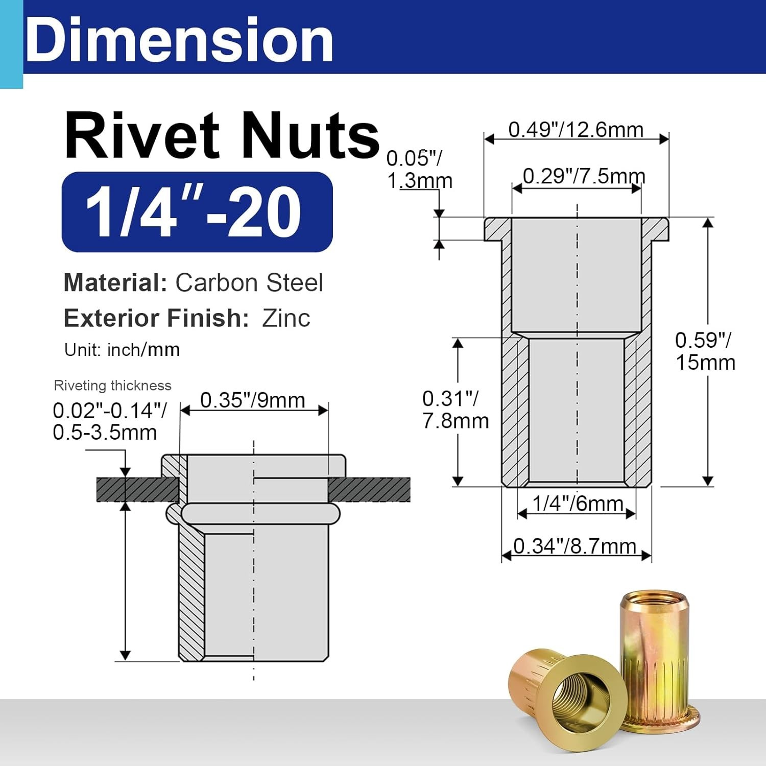 1/4-20 Rivet Nuts, Zinc Plated Carbon Steel Threaded Insert Rivnut Nutsert, F...
