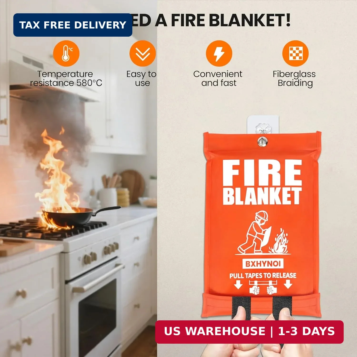 Emergency Fire Blanket 4 Pack 40"x40", Essential Fire Safety Blanket for Kitchen