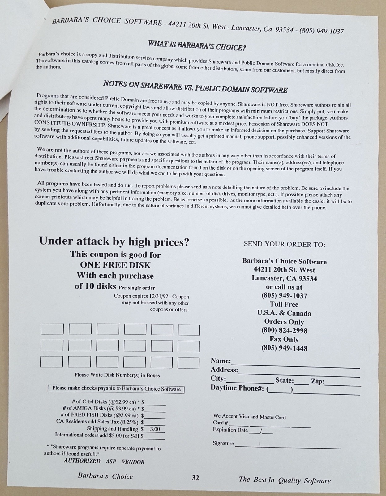 Barbara's Choice for Commodore Amiga and C64/C128 Computers '92 Software Catalog