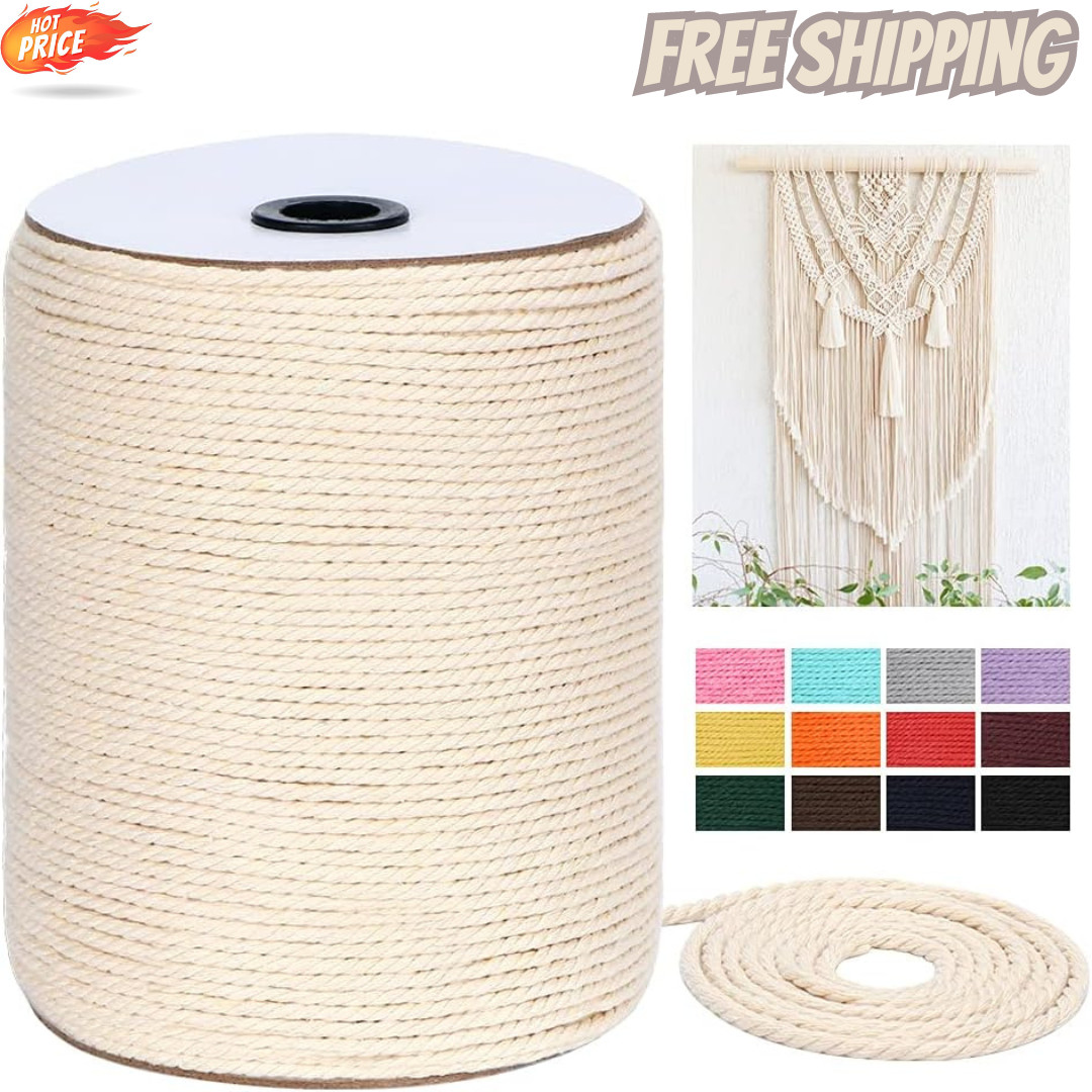 Macrame Cord 4mm x 328Yards984Feet,Natural Cotton Macrame Rope - 3 Strands Cord