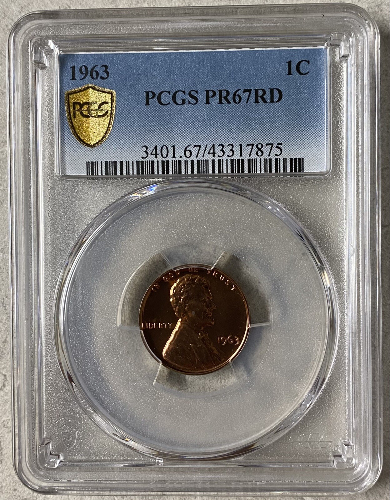 1963 1C Proof Lincoln Cent, PCGS PR67RD, Gold Shield