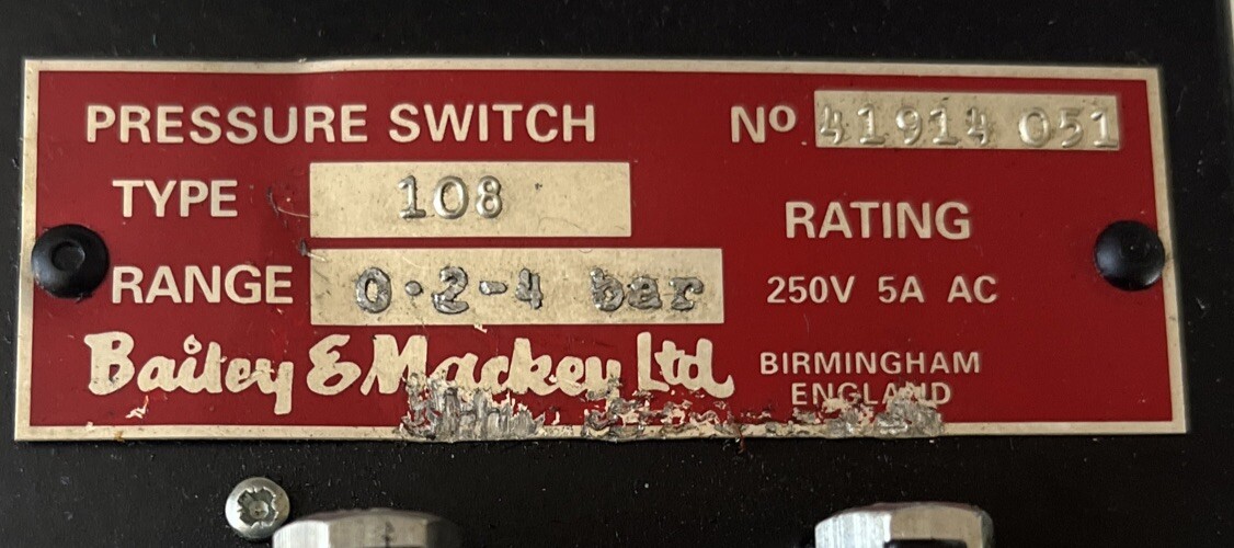 Bailey & Mackey Pressure Switch #41914051 Type 108