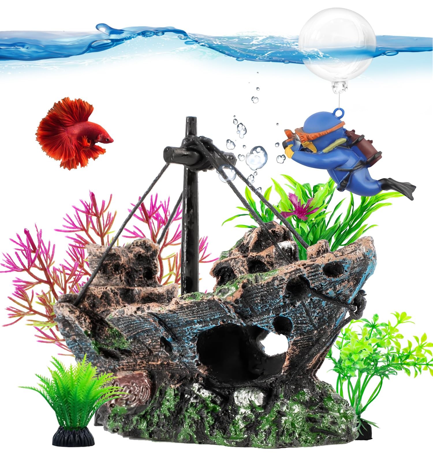 6 Pcs Aquarium Decor Set Shipwreck Decoration Little 6 Pcs, Blackish-brown