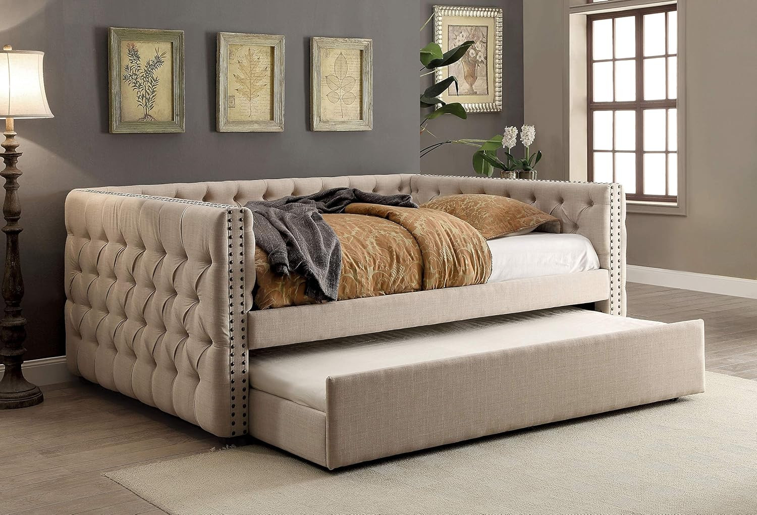 Holloway Contemporary Upholstered Linen-Like Fabric Trundle, Ivory