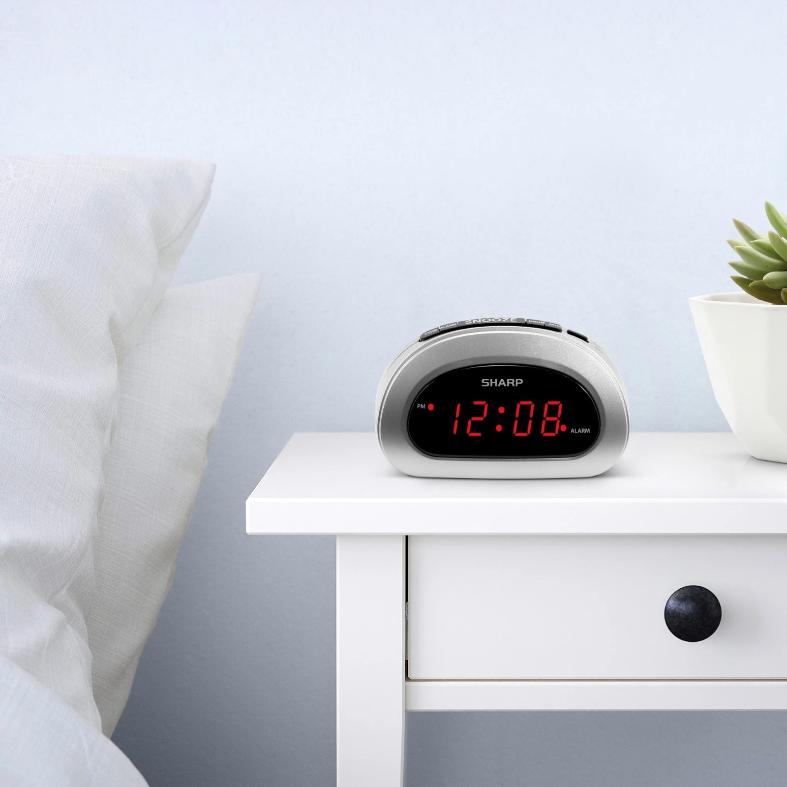 Digital Sharp Alarm Clock, Cosmic Silver, Easy to Set Controls, Red LED Display