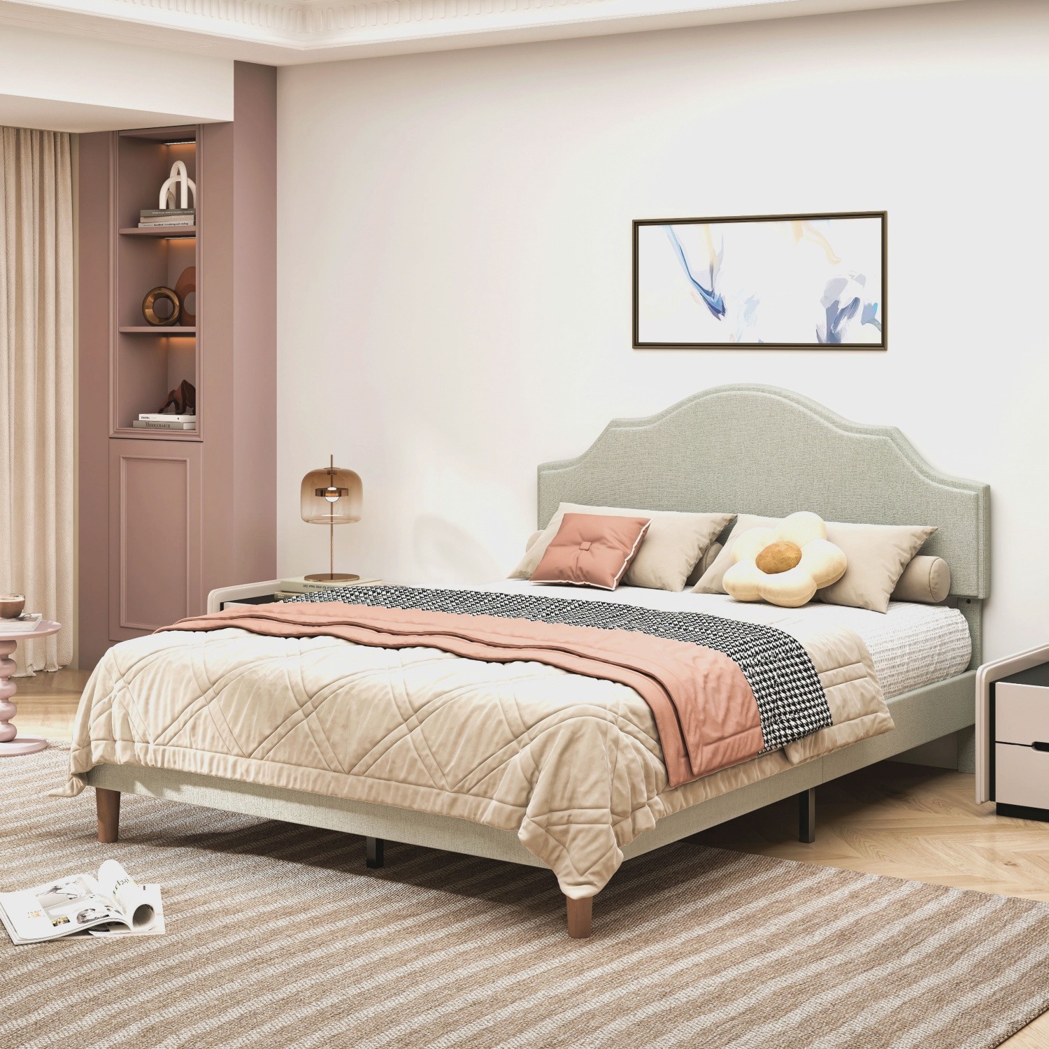 Queen Linen Upholstered Platform Bed Adjustable Headboard No Box Spring Needed