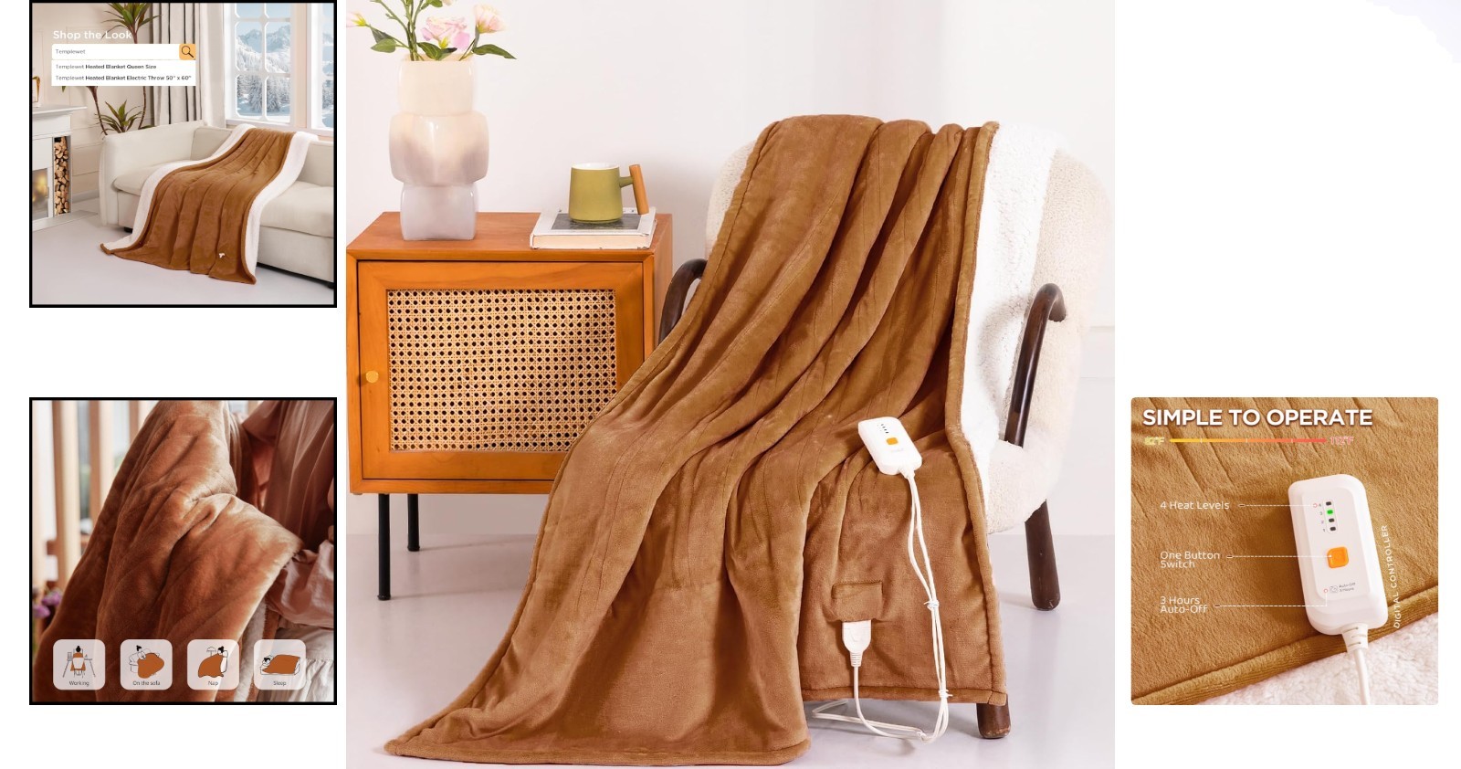 Cocoa Brown Electric Throw Blanket 50” x 60” - 3 Hours Auto Shut-Off Function