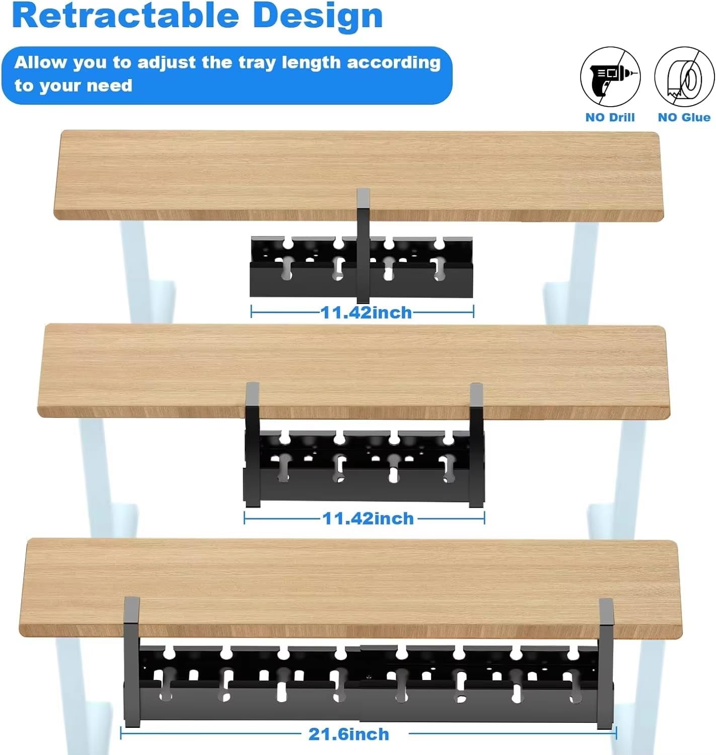 Under Desk Cable Management Tray – No Drill, Retractable Metal Cord Black