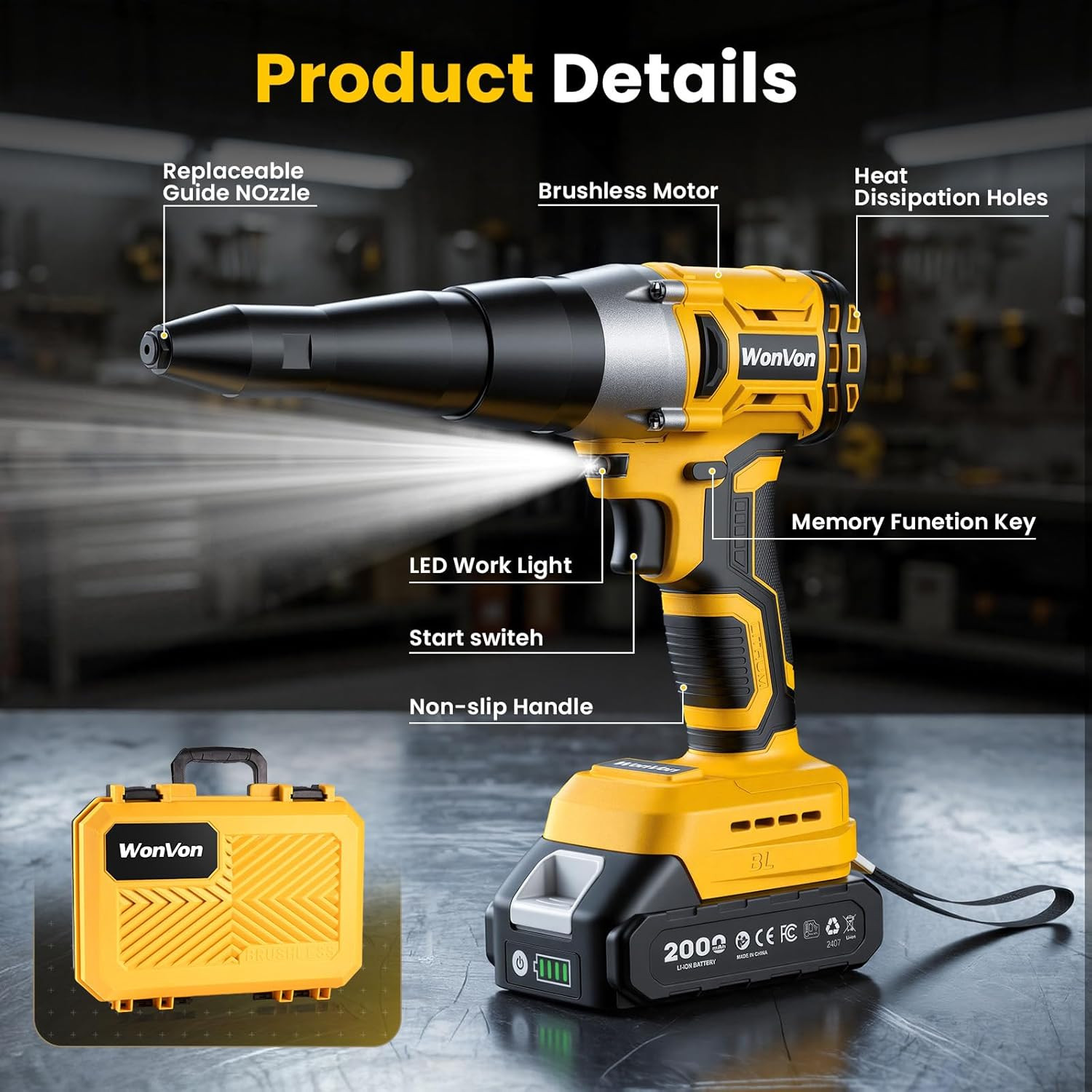 Cordless Electric Rivet Gun Tool 20V Max Battery, Brushless Automatic Kit Rivets