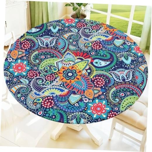 Spandex Elastic Fitted Round Tablecloth For Up to 45"-56" Round Blue & Orange