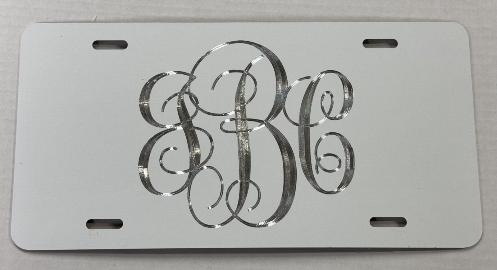 Engraved Custom Personalized Monogram Diamond Etched White License Plate Car Tag