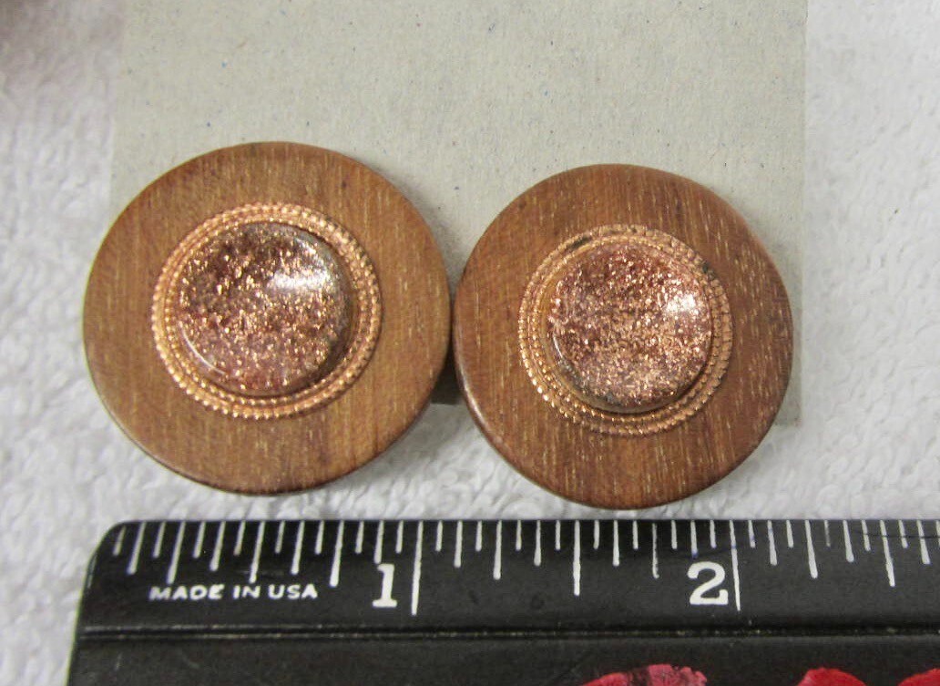 Vtg 1960s BELL Trading Post Clip Earrings Round WOOD w/Copper Lucite Center
