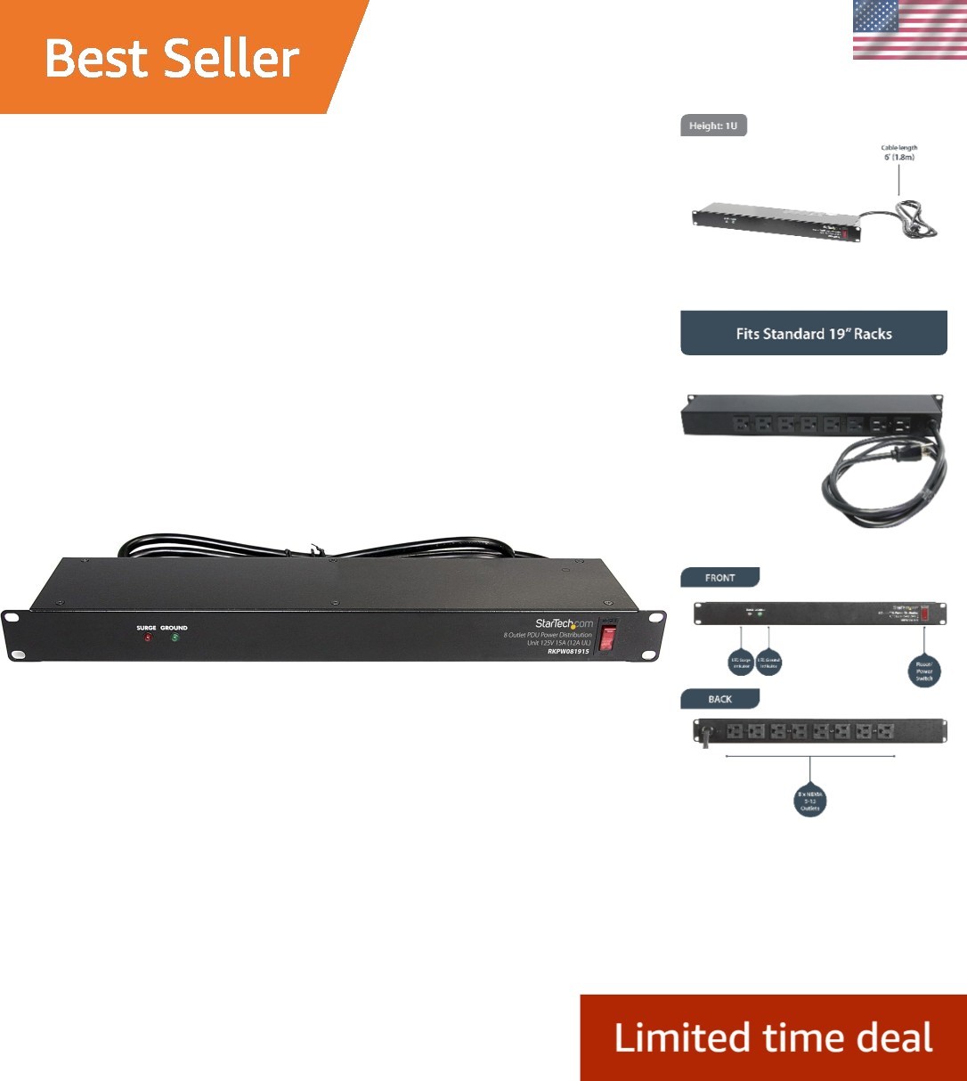 8-Outlet Horizontal Rack Mount PDU - 1U Power Strip with Surge Protection