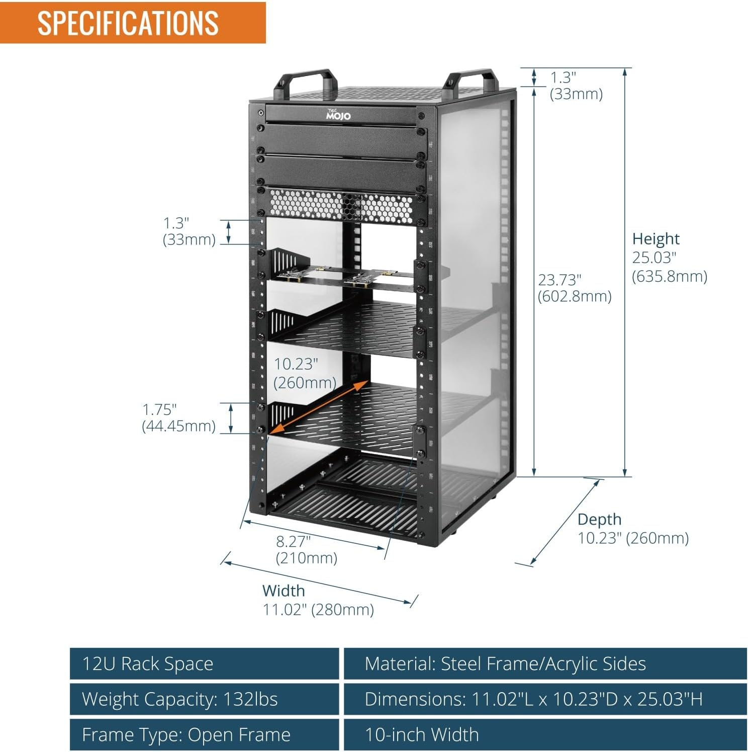 12U Network Rack, 10 Inch Mini Server Rack with 2 Side Translucent Panels & 2 To