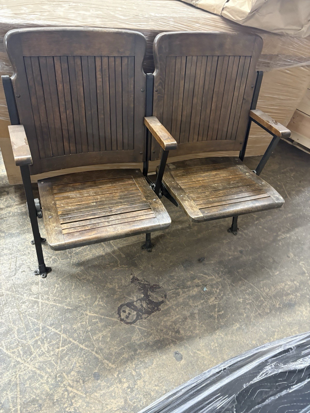 Antique Wooden Cinema Seats Set of 2 Foldaway Metal Frame Indoor Chairs