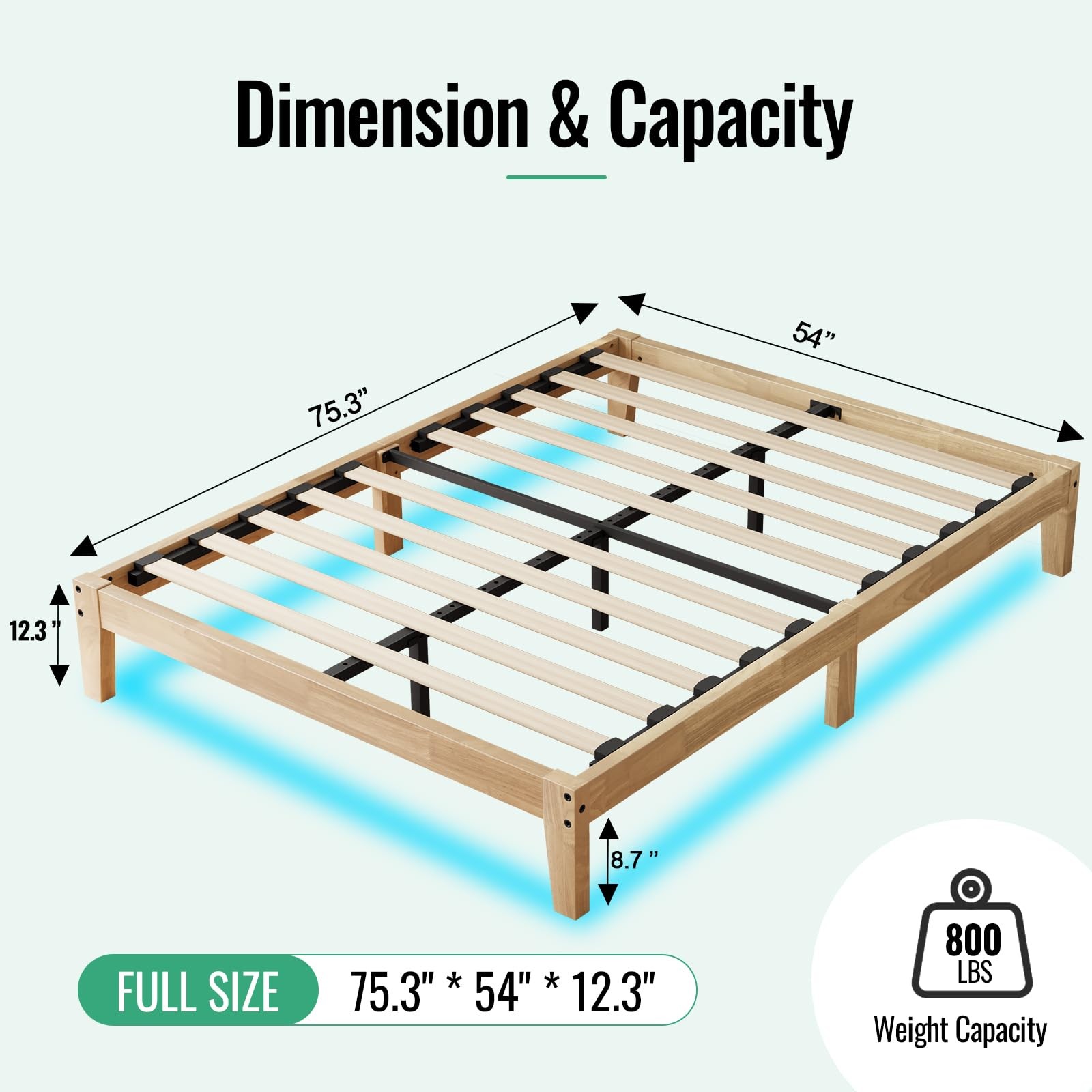 Full Size Solid Wood Platform Bed with Led Light - Noise-Free Design with Met...