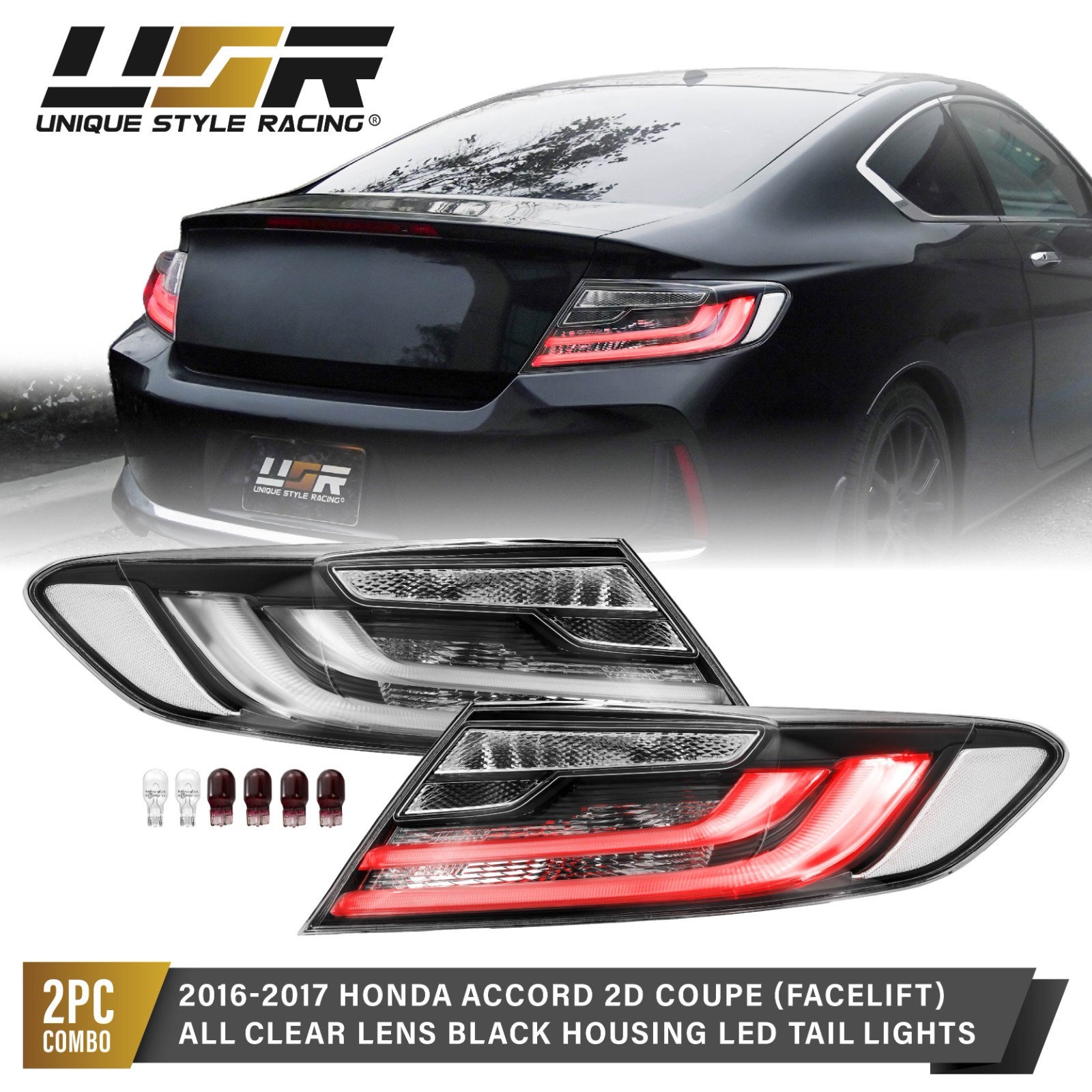 CLEAR LENS w/ RED LED Tail Light Set For 16-17 Honda Accord 2D Coupe CS1 CS2