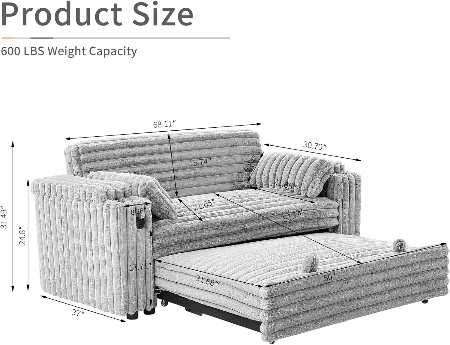 3-in-1 Convertible Sofa Bed with USB, Adjustable Backrest & Cup Holder