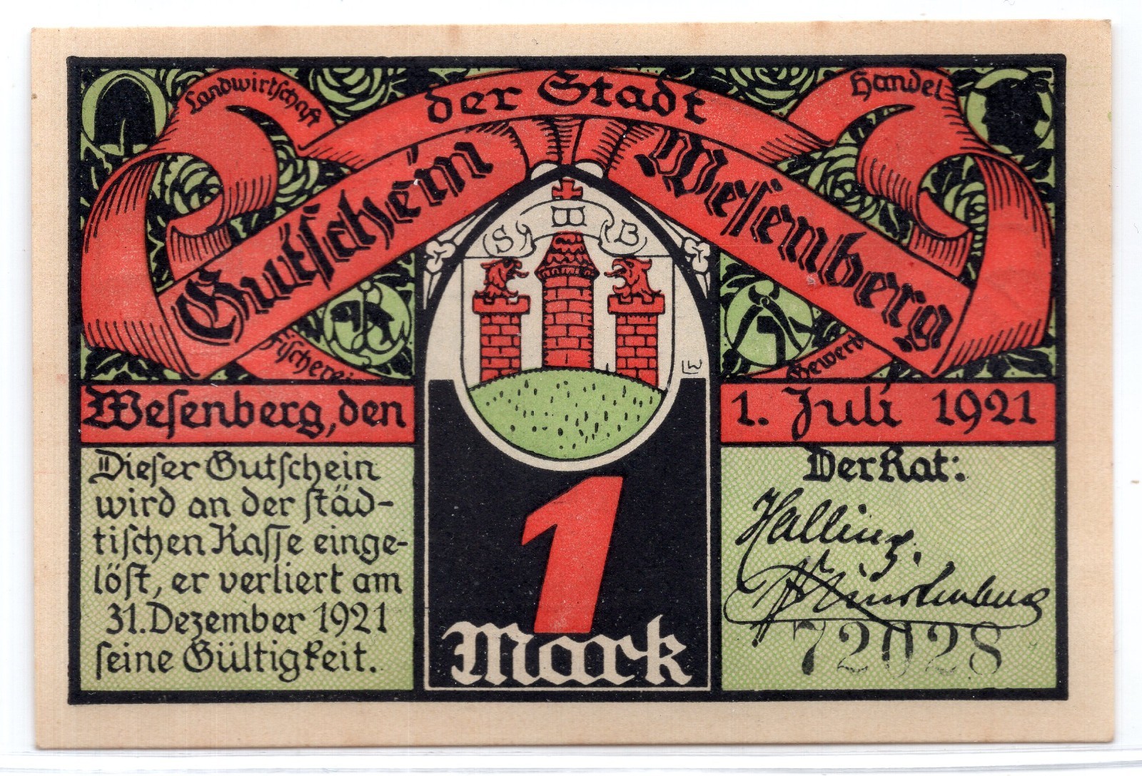 1921 Germany Wesenberg Notgeld 1 Mark Note (2999)