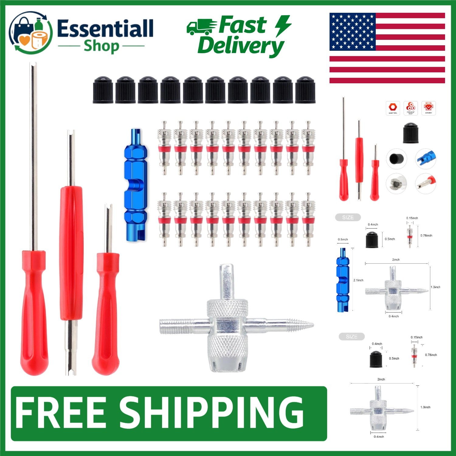 Portable Valve Stem Removal Tool Set - 20 Valve Cores & 10 Caps for All Vehicles