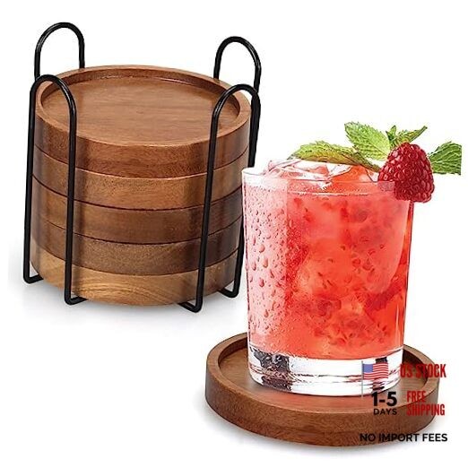 6 Pcs Best Wooden Coasters with Holder Coffee Table Decor Acacia 6 Pcs round