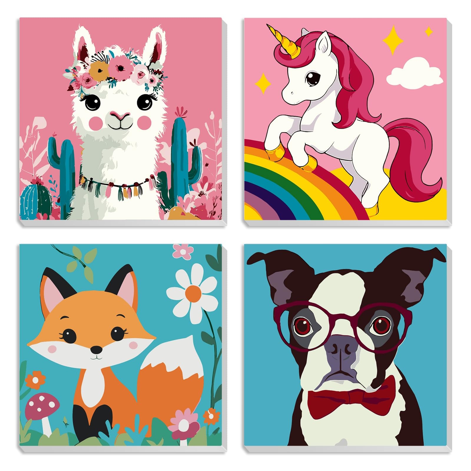 4 Pack Cute Llama Fox Animals Paint By Numbers For Adults DIY Art Kit 20x20