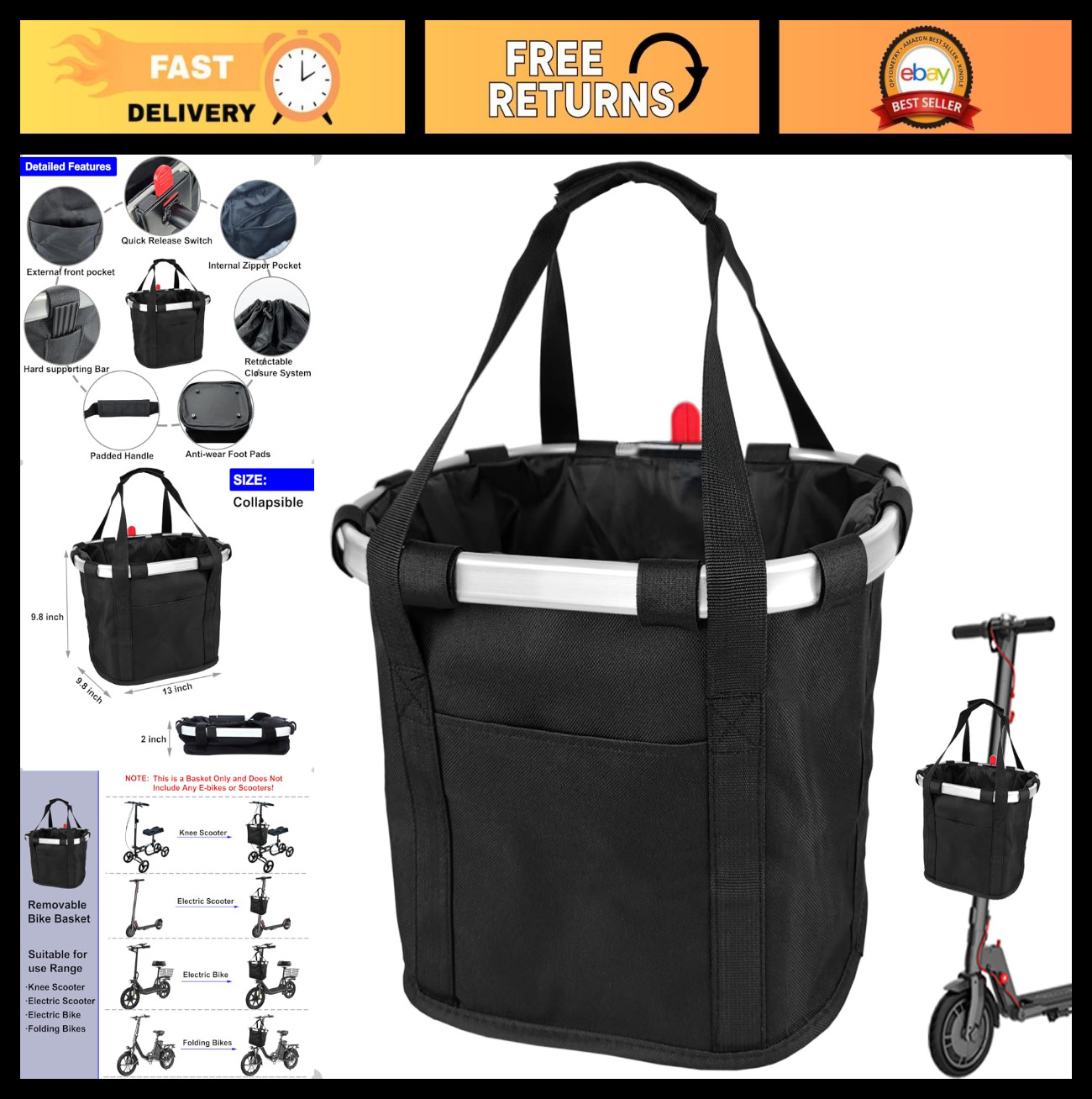 Removable Knee Scooter Basket with Handle - Quick Release Cloth Accessory, Fits