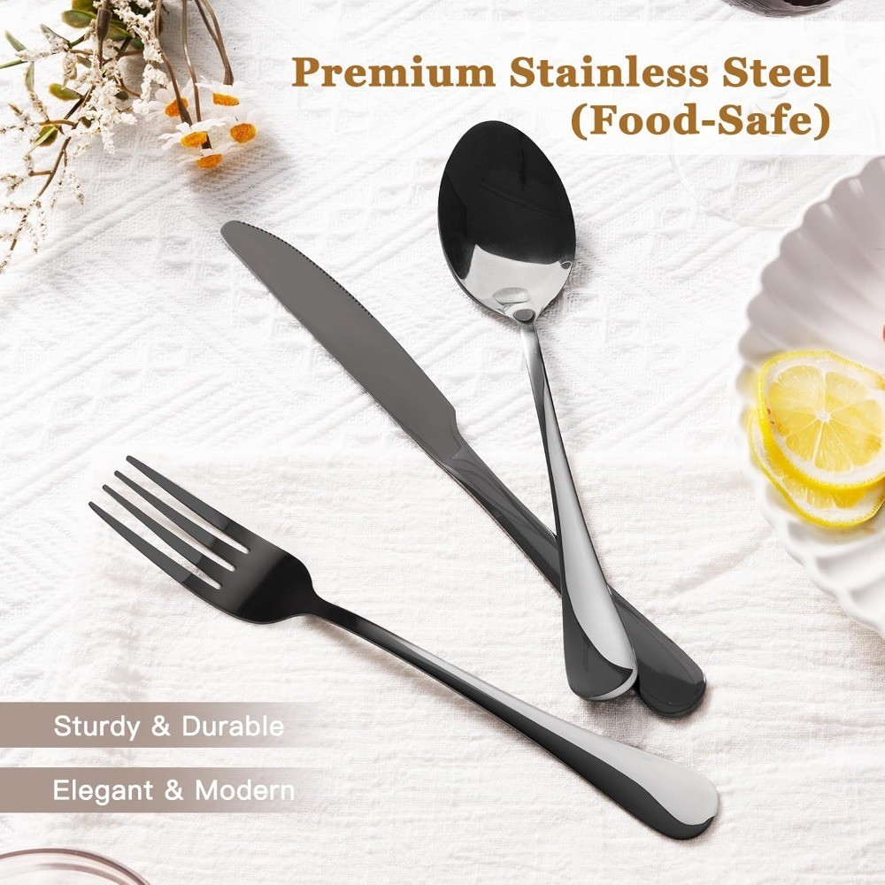 24-Piece Black Silverware Set with Steak Knives Flatware Set for 4