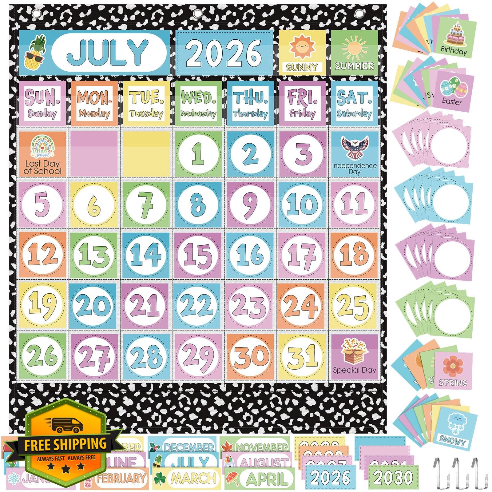 Sinload Classroom Calendar Pocket Chart Set Black White Seasons Weather