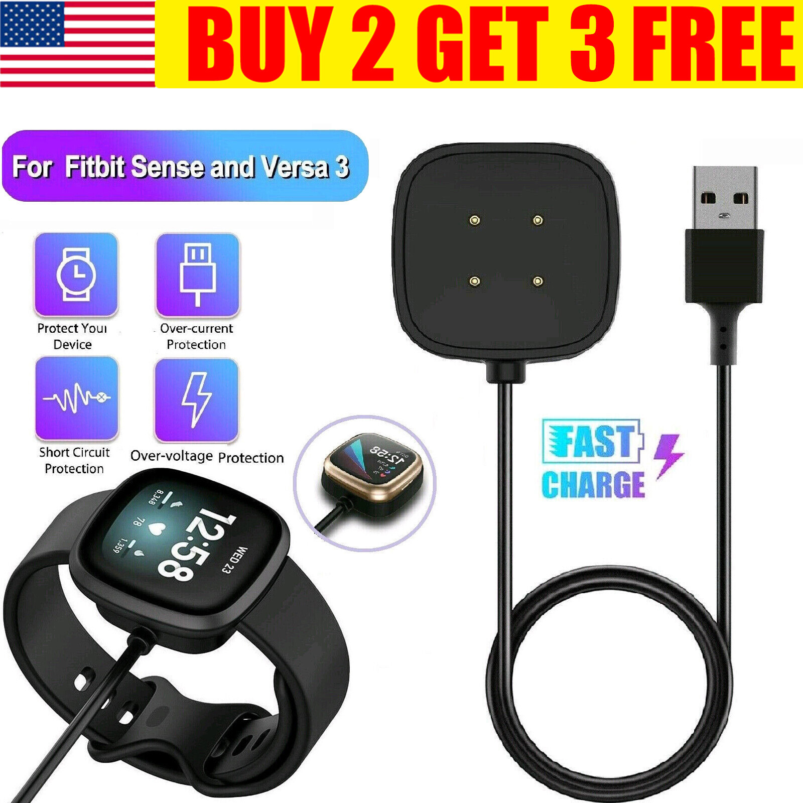For Fitbit Versa3 / Sense Watch USB Wireless Charging Dock Fast Cable Charger US