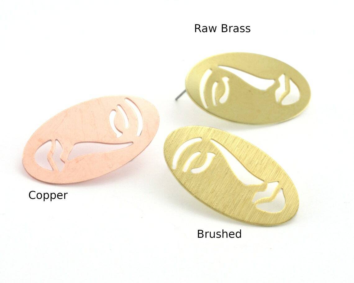 1 pair Face earring studs base Raw Brass - Brushed - Copper 35x19mm 0.8 mm 4288