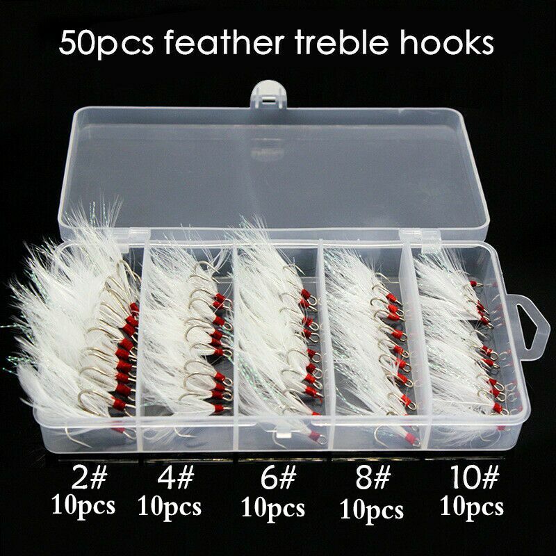 50pcs/lot Treble Hook Feather Fishing Round Bend Dressed 2/4/6/8/10 Anti-rust