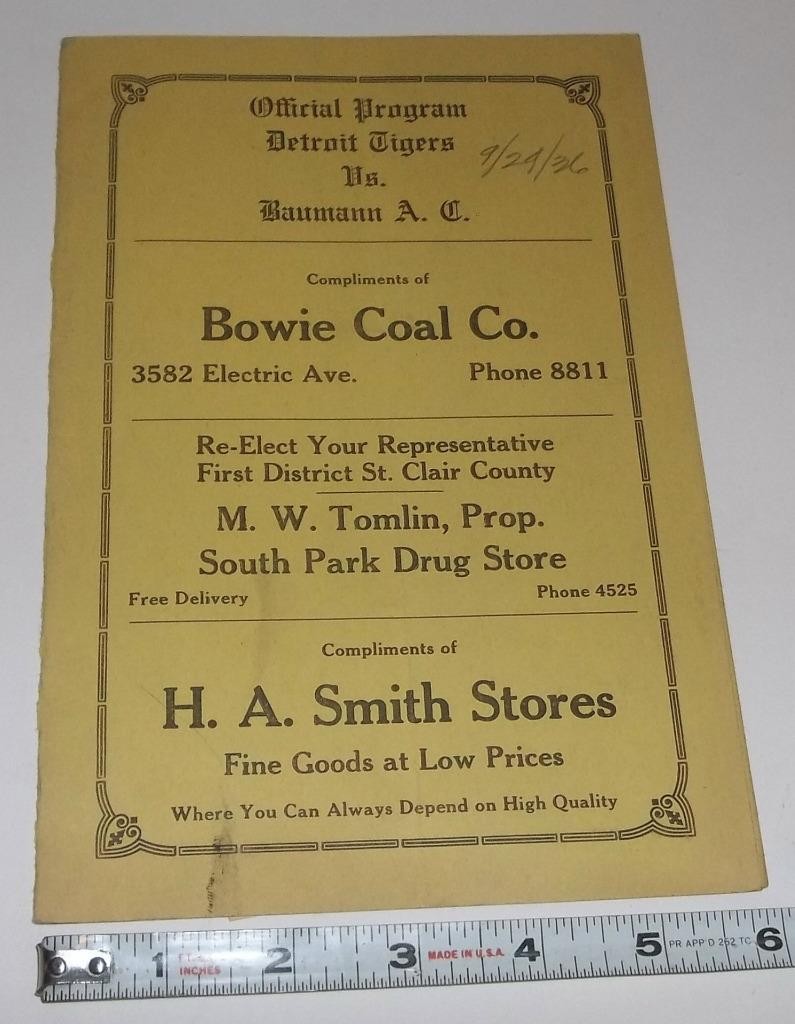1936 Detriot Tigers VS Baumann Athletic Club Score Card RARE + Newspaper Clips
