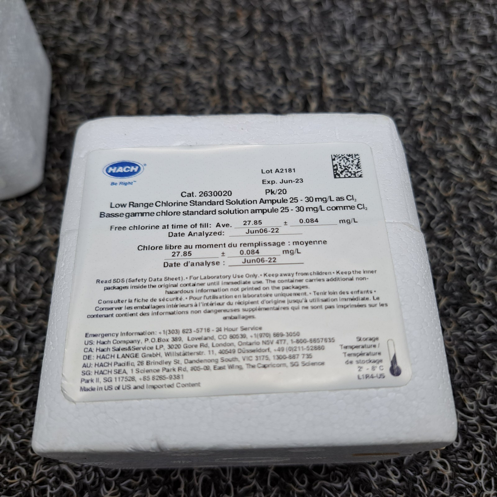Hach® 2630020 Chlorine Std. Solution, 25-30mg/L as Cl₂, 2mL Ampules. Outdated