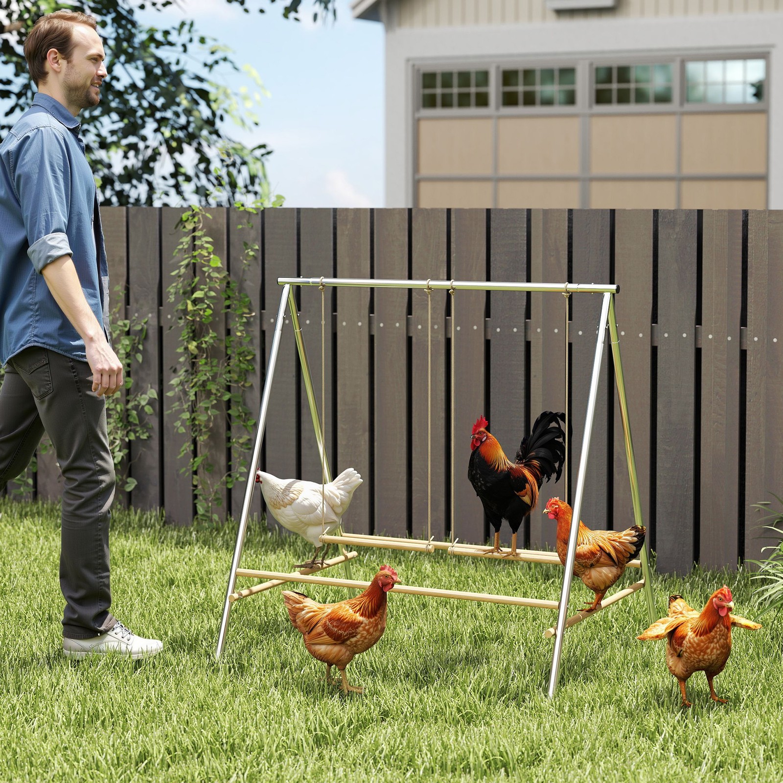 PawHut Chicken Perch with Swings,  Chicken Roosting Bars for Coop, Silver