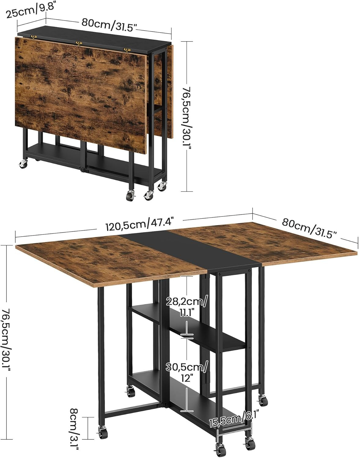 Folding Dining Table and round Side Table,Movable Dining Table, Expandable Kitch