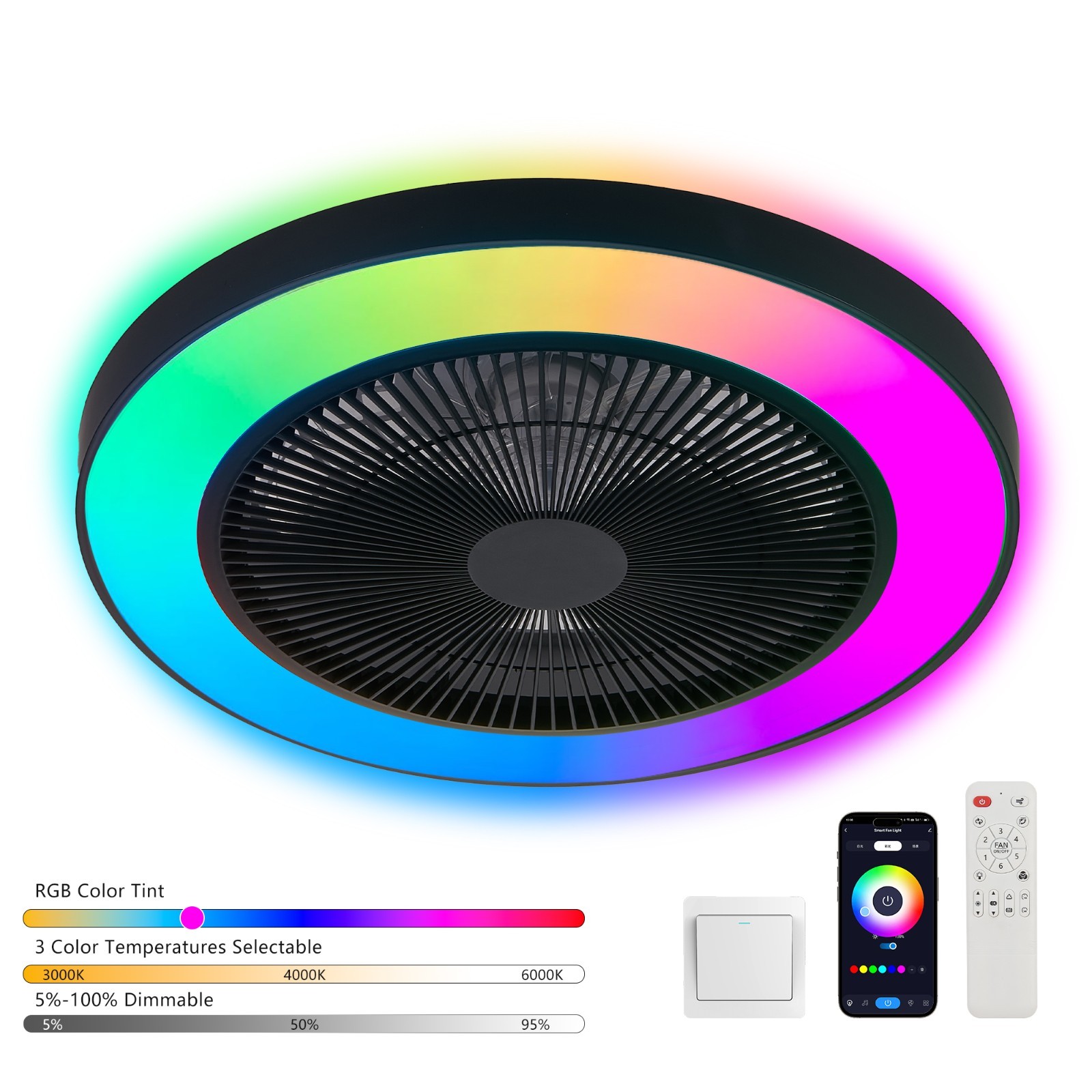 19" RGB LED Smart Ceiling Fan Light – Dimmable, APP/Remote, Silent Reversible DC