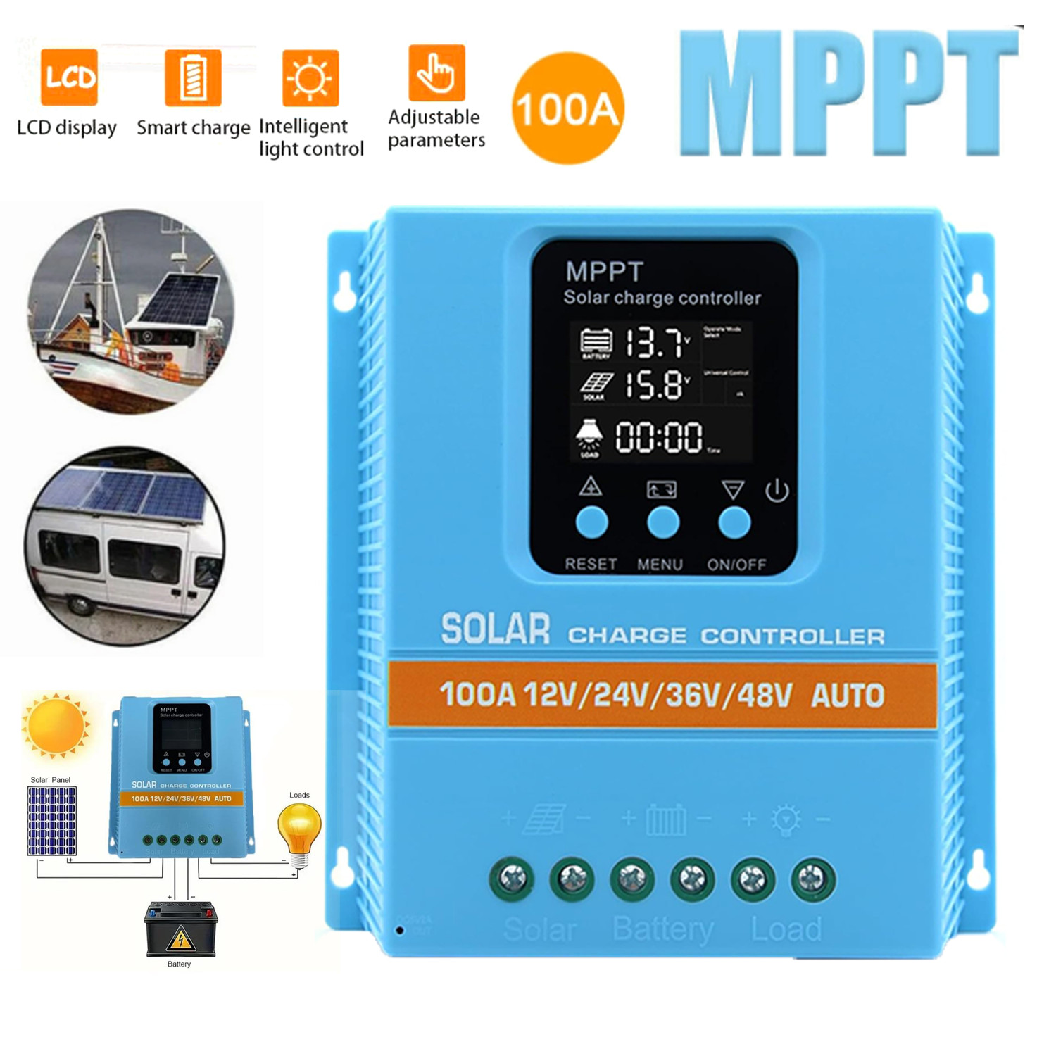 4000W MPPT Solar Charge Controller 100A/12V 24V 36V 48V Battery PV Regulator