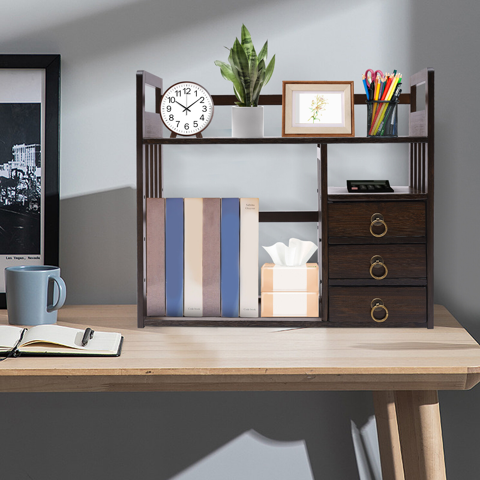 Bamboo Desktop Bookshelf Organizer with 3 Drawers for Home & Office
