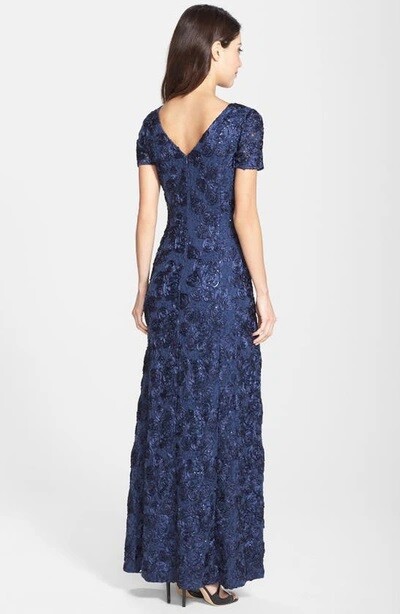 NWT Alex Evenings Short Sleeve Lace Sequin Rosette A-Line Gown Navy Dress Sz 14W