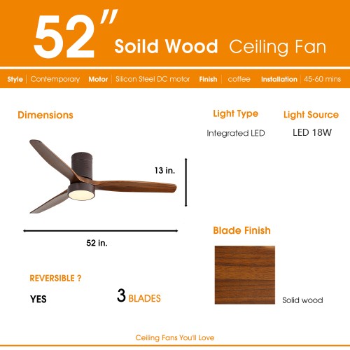 52"Flush Mount Ceiling Fan with LED Light and Remote Control Solid Wood Blades